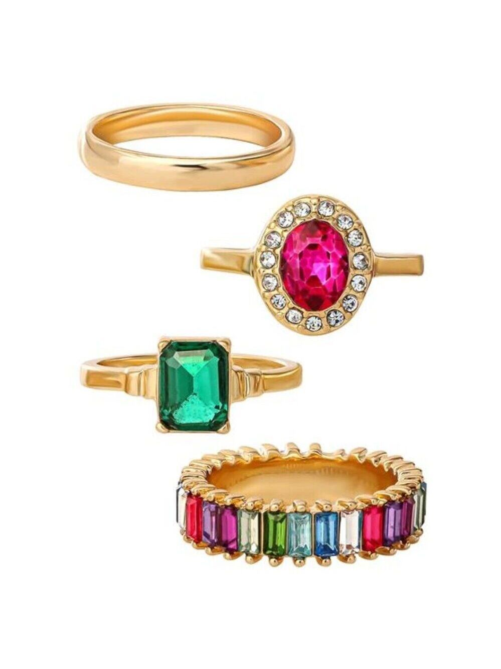 Multi Color CZ Ring Set, 4-Piece Multi-Colored Cubic Zirconia Stones Size 7